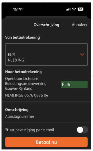 Voorbeeld van betaalscherm van ING-app, geanonimiseerd